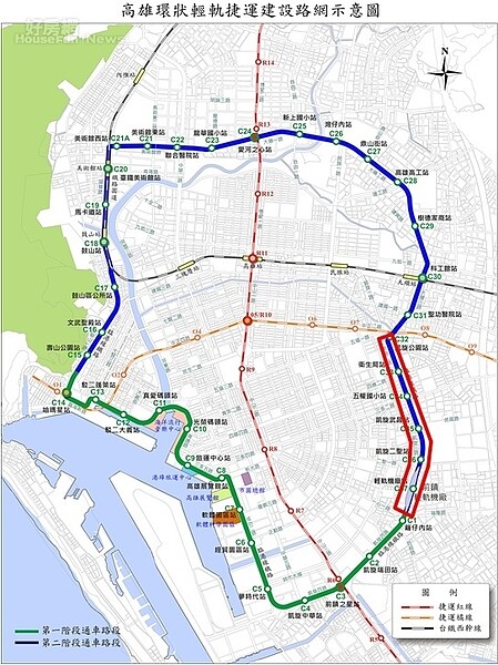 C32至C37站間預定路段（共有六站），自北端中正一路（南凱旋公園）至南端二聖路口，總長約3公里。圖／高雄市政府捷運局提供