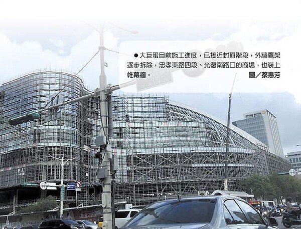 大巨蛋目前施工進度,已接近封頂階段,外牆鷹架逐步拆除,忠孝東路四段、光復南路口的商場,也裝上帷幕牆。圖/蔡惠芳/中時電子報