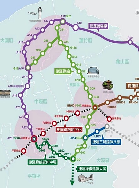 桃園捷運綠線跨桃園市4行政區共21站，高架段土建工程定15日、17日分兩段動工。記者曾增勳／翻攝
