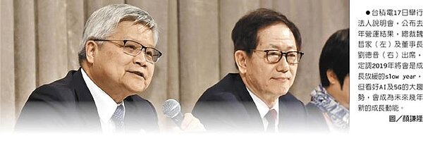 台積電17日舉行法人說明會,公布去年營運結果,總裁魏哲家(左)及董事長劉德音(右)出席,定調2019年將會是成長放緩的slow year,但看好AI及5G的大趨勢,會成為未來幾年新的成長動能。圖/顏謙隆