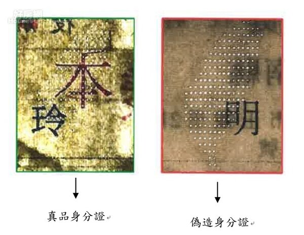 真品身分證透光觀察可看到微細光孔組成的「台灣圖案」，背面平視無穿孔痕跡，但偽造身分證背面台灣圖案平視有明顯穿孔。內政部提供