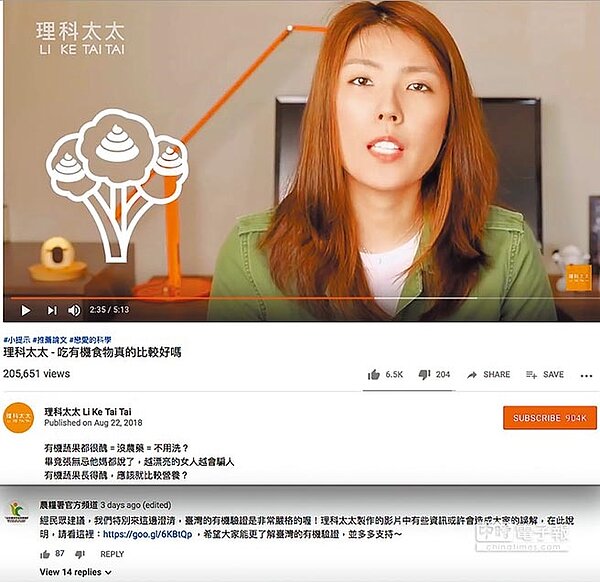 農糧署22日表示，人氣youtuber理科太太曾發表影片「吃有機食物真的比較好嗎」，但因部分內容有誤，農糧署特別在留言處提供相關連結讓網友閱讀正確資訊，並未做出人身攻擊。（中央社）
