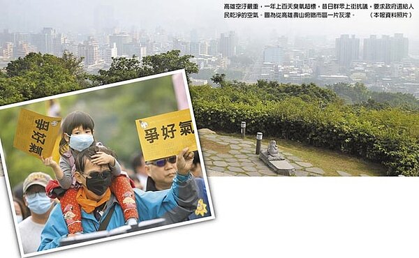 高雄空汙嚴重,一年上百天臭氧超標,昔日群眾上街抗議,要求政府還給人民乾淨的空氣。圖為從高雄壽山俯瞰市區一片灰濛。