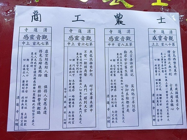 蘆洲湧蓮寺抽出的國運籤,其中代表國運的士籤為「上上籤」,代表政通人和、國運平穩。記者陳珮琦/翻攝