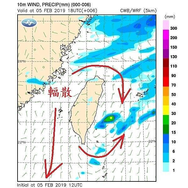 海峽中部這種外擴的風場，是中尺度很純的輻散風場。圖／翻攝自鄭明典臉書
