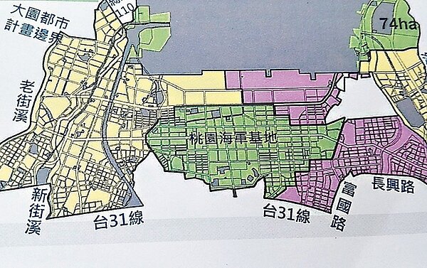 面對台商回及國內廠商落腳桃園需地孔急,桃園市政府計畫在桃園航空城計畫蛋白區產業專區(圖左黃色區)開發工業用地。 記者曾增勳/翻攝