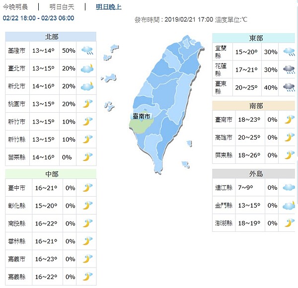 冷氣團報到，越晚越冷，全台有感。圖／氣象局提供