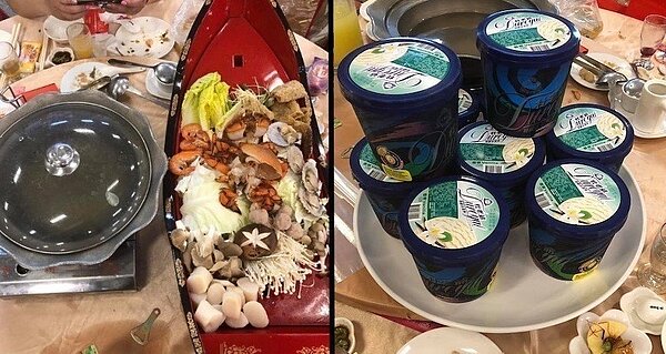 料好豐富的海鮮鍋後,喜宴的尾聲出現「一人一桶冰淇淋」,讓人見識南部喜酒的霸氣。圖擷自 爆廢公社二館