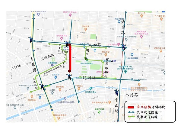 高市自立陸橋施工改道動線。圖/高市交通局提供