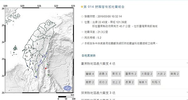 3/8 10:32台東發生芮氏規模5.2地震 (擷取自氣象局)