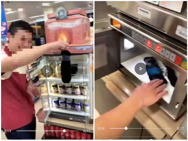 有網友爆料一超商店員疑似拿濕襪子放進店內微波爐及熱罐飲料機。（圖／翻攝自PTT）
