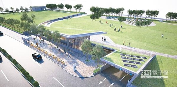 三重商工地下停車場將在7月啟用，透過設計帶入地表下的停車空間，創造可呼吸的地景式停車空間與校園周遭建築形式融合。（葉德正翻攝）