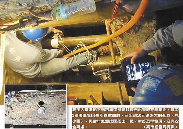 高市大寮區地下過路溝中發現11條石化管線穿越箱涵，其中1條廢棄管因長期裸露鏽蝕，已出現10元硬幣大的孔洞（見小圖），與當年氣爆成因如出一轍，幸好及早發現，沒有安全疑慮。（高市經發局提供）