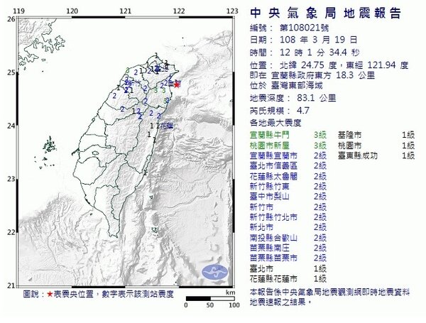 12:01 發生4芮氏規模4.7地震 (氣象局)