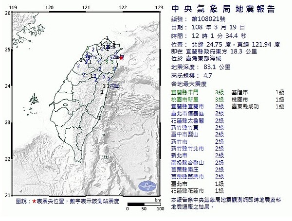 12:01 發生4芮氏規模4.7地震 (氣象局)