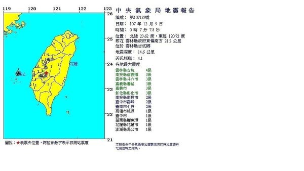 中央氣象局凌晨發布雲林縣古坑地區發生淺層地震。照片／擷取自中央象氣象