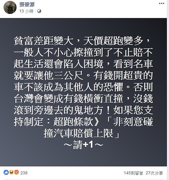 就有資深金融界人士張晉源呼籲,立法院應該訂定「超跑條款」。圖/張晉源臉書