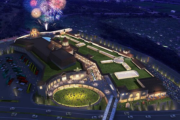 台中Outlet激戰，麗寶二期藉由湖畔、運河與教堂，加上夜間水幕影像投射，讓購物商城日夜都精彩。圖／麗寶Outlet提供