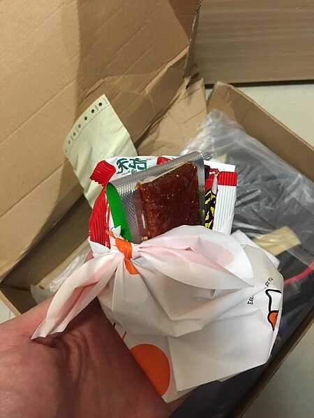 民眾上淘寶買衣服，竟然收到疑似豬肉乾的物品。 圖擷自PTT