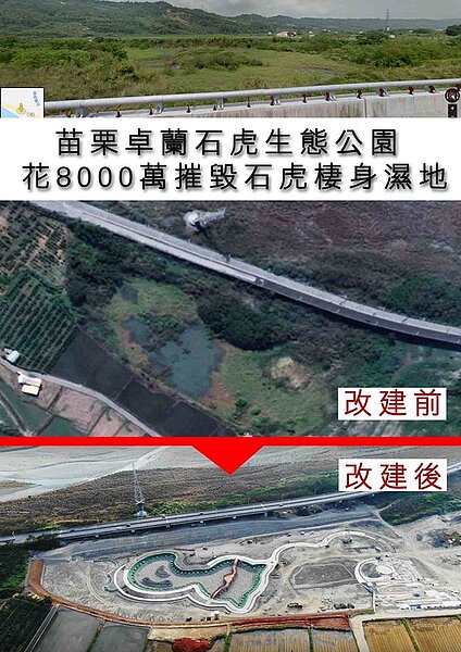 臉書《高雄。愛樹人》粉專發文指出，花8000萬把石虎棲地摧毀，然後說這叫做卓蘭石虎「生態公園」，配合水泥工程圍出來『可愛』的石虎外型，倒有點為失去生存權的石虎立碑的哀傷悲壯。圖／高雄。愛樹人臉書