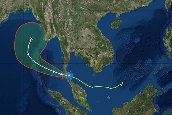 中央氣象局說，輕度颱風帕布目前位於泰國南部一帶，對台灣無直接影響，不過欲前往當地的朋友請留意相關交通航班資訊。圖／擷自「三立準氣象·老大洩天機」專欄
