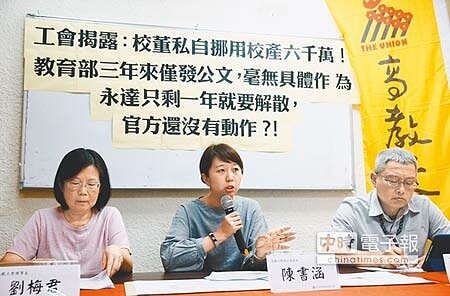 高教工會昨召開記者會,揭露永達董事會於停辦後違法挪用校產,將處分大樓後所得,拿其中6000萬元私相授受給學校董事,若連同還給其他董事二親等與關係企業則高達1億4500萬元!(方濬哲攝)
