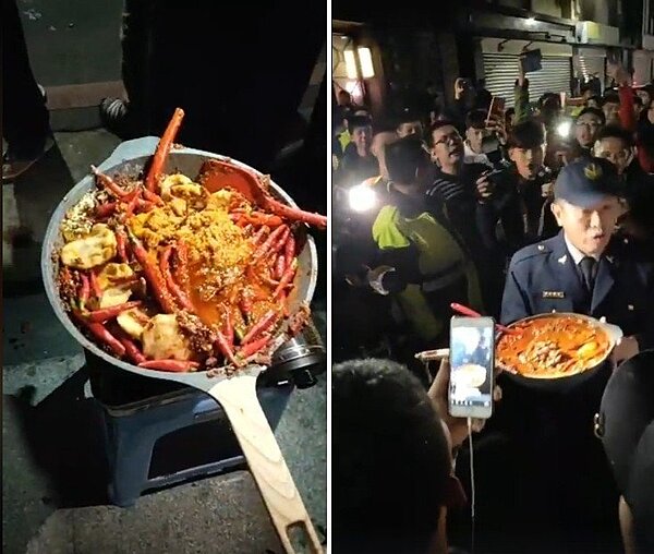 為了沒加辣椒而暴打妻小的「肉圓惡爸」林男犯眾怒,民眾到他住家樓下「炒辣椒」,要讓林男每次吃辣椒時「絕對懷念這一味」,最後整鍋炒辣椒被警察端走。圖擷自曾明傑的直播粉絲團