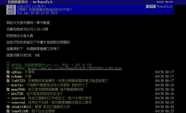 若有10至15萬元月租金收入，你還願意繼續工作領22K嗎？（圖／擷取自批踢踢實業坊）