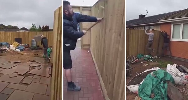 英國一位造園師傅,不滿某位顧客在經過屢次催款後仍拒絕付錢,於是帶著團隊返回,把自己新造好的後院全部拆光砸爛,並將過成全部拍攝下來上傳到社群媒體;屋主一度報警,但警察來了只看了一眼就走人,表示這屬民事糾紛,不會介入。圖片擷取《每日郵報》影片