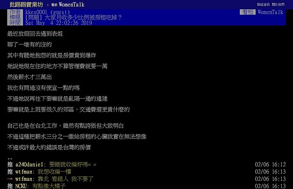 北市租金占月收入1/3,北漂小資族無奈。(圖/擷取自批踢踢實業坊)