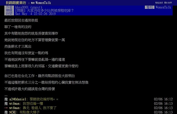 北市租金占月收入1／3，北漂小資族無奈。（圖／擷取自批踢踢實業坊）