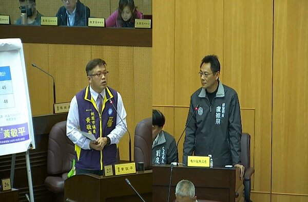 桃園市議員黃敬平（左）在議會總質詢呼籲都發局研議成立「社會住宅服務中心」，專責處理社宅事務。記者林育瑩／翻攝