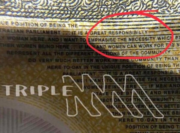 澳洲新版50澳元紙鈔背面出現錯誤拼寫，responsibility少了一個i。圖／取自Triple M推特