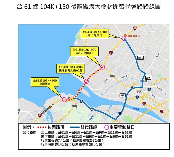 苗栗工務段辦理台61線後龍觀海大橋檢測作業,5月15日晚間9點至16日早晨6時、與16日晚間9點至次17日早晨6點,連續2日夜間施工,請用路人在施工期間遵循交維設施指示行駛及改走替代道路。圖/苗栗工務段提供