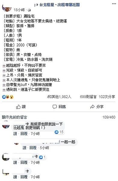 比起鬼更怕窮!網友開價2000求租「厲陰宅」。(圖/擷取自臉書)