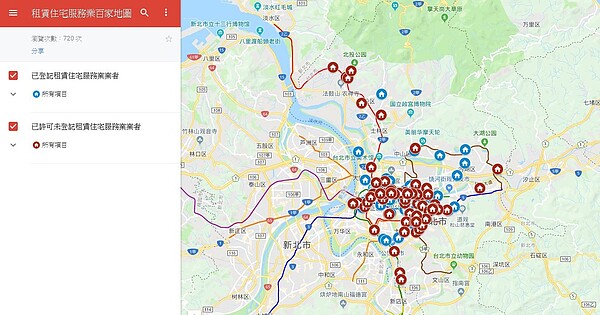租賃住宅服務業百家地圖。(台北市地政局提供)