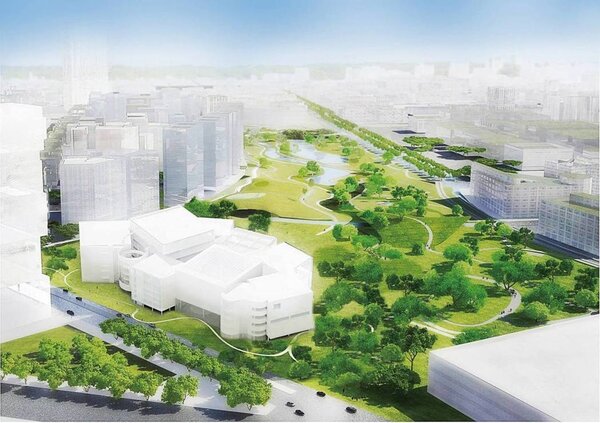 日本知名建築師妹島和世設計的台中綠美圖，用白色的金屬擴張網把方盒子建築物包覆起來，可提供遮陽效果，打造公園裡的美術館、圖書館。圖／台中市建設局提供