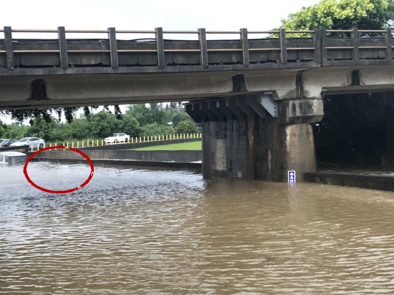 湖口鄉東興村東興橋下溪水幾乎漲至與路面平高,地下道停放4台車輛中有2台滅頂。記者陳斯穎/攝影