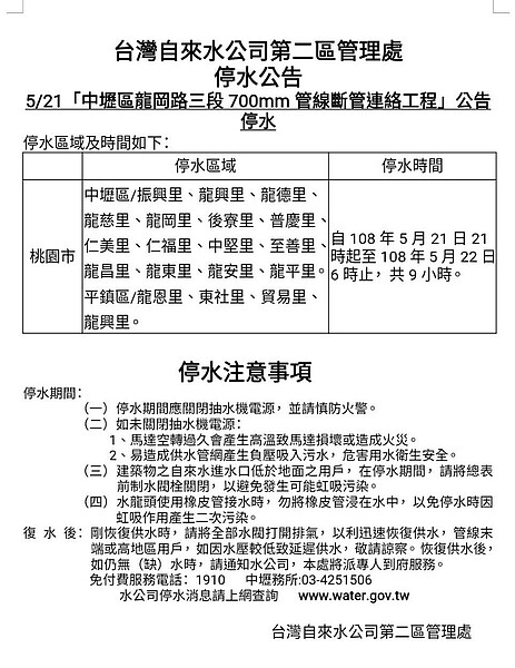 自來水公司公告辦理中壢區龍岡路三段700釐米管線斷管連絡工程施工,21日晚上9時起,中壢、平鎮區19里停水9小時。記者曾增勳/翻攝