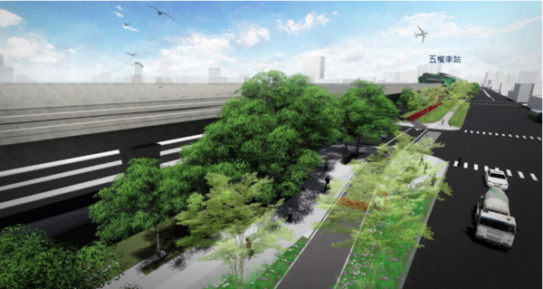 台中鐵路高架化完成後，高架鐵道下方規劃成綠空廊道，有自行車道、人行步道與帶狀公園；三期工程今天動工，全線預計明年6月完成。圖／台中市建設局提供