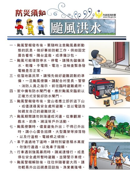 颱風季將來臨，消防署特別整理防災須知10點要注意，請民眾提前準備。（ 圖／消防署提供）