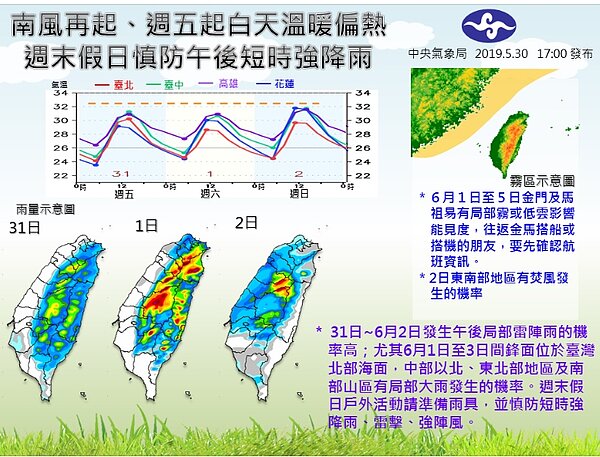 周末假日午後要注意短時強降雨。（圖／氣象局提供）