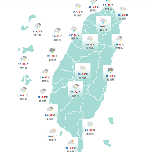今天各地高溫約在32度至35度左右。圖／取自中央氣象局網站