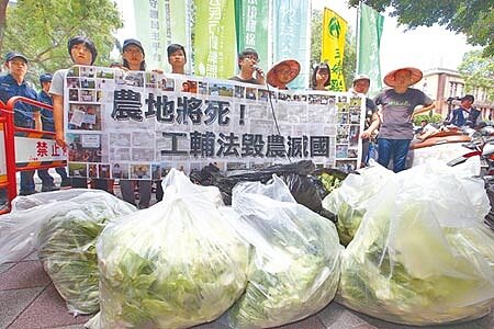 立院臨時會將闖關《工輔法》,環團20日在立院外帶著菜葉陳情,質疑政院版提出的條文內容荒謬,幾乎無門檻的就地合法、特定工廠輔導無落日無期限免罰,要求朝野立委停止錯誤修法。(陳信翰攝)