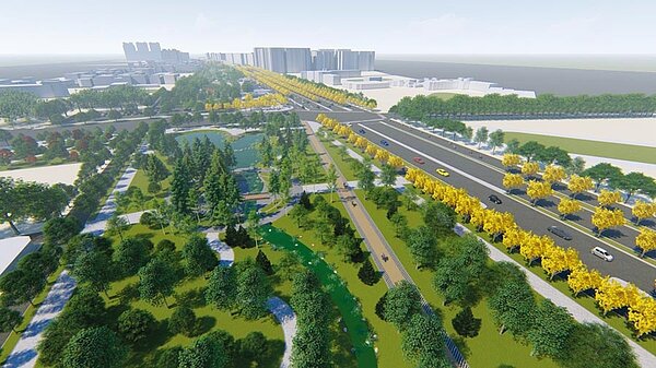 高雄鐵路地下化後,原本的軌道地面,將成綠園道(模擬圖書),兩旁的住宅或店家,也將後院變門庭,都市景觀將大變身。圖/高雄都發局提供