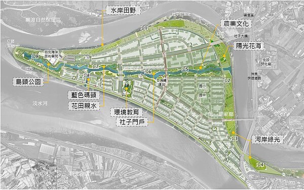 生態社子島全區綠地公園基盤配置圖。（圖／臺北市政府工務局公園處）