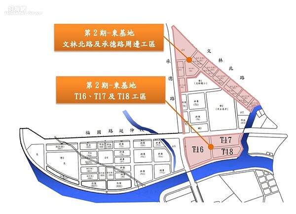 北投士林科技園區區段徵收公共工程(第2期-東基地)施工範圍平面圖。台北市新工處提供