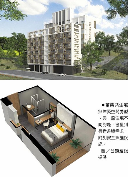 苗栗共生宅無障礙空間房型,與一般住宅不同的是,考量到長者各種需求,附加安全照護設施。 圖/合勤建設提供