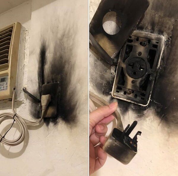 一名女網友在外租屋，她回到家時發現房間的冷氣電線走火，幸好沒有釀成更嚴重災禍。 圖／翻攝自「爆廢公社」