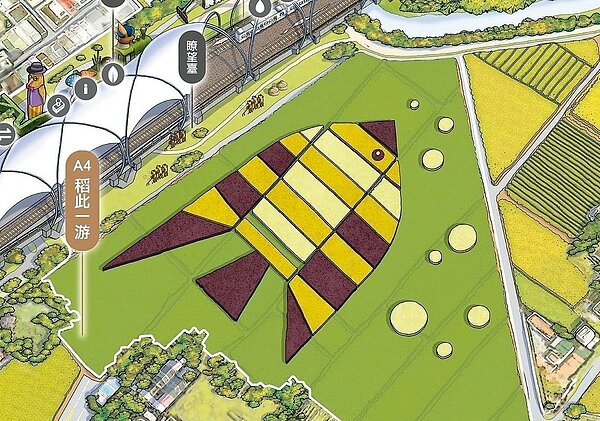 宜蘭綠博近萬坪稻田裡，用GPS定位，農民手工種下綠、白、黃、紫色秧苗，在綠色稻浪中，將「長」出一隻巨大熱帶魚。 示意圖／宜蘭縣政府提供